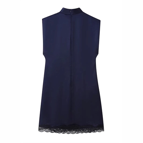 Vestito Midi Semplice Blu Notte in Raso Senza Maniche Con Collo Rialzato Patchwork Pizzo Nero Drappeggio Laterale Elegante Donna