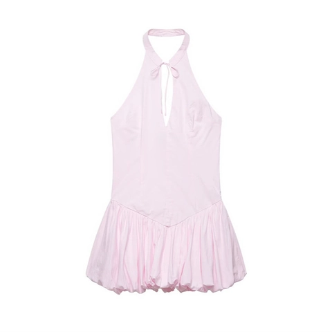 Vestido Mini para Mujer Cuello Halter con Cordones Escote en V Dobladillo de Burbuja Sin Mangas Color Sólido Rosa Streetwear Moda Verano