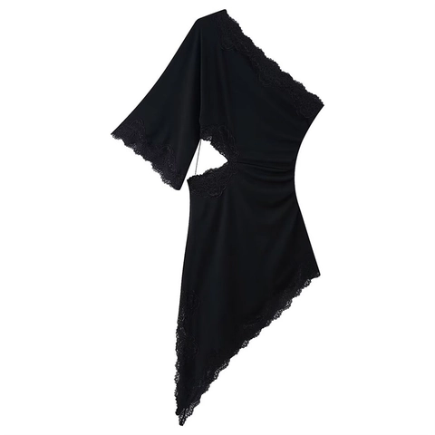 Vestito Midi Sexy Nero Monospalla con Pizzo e Ritaglio Orlo Irregolare Bodycon per Festa e Discoteca