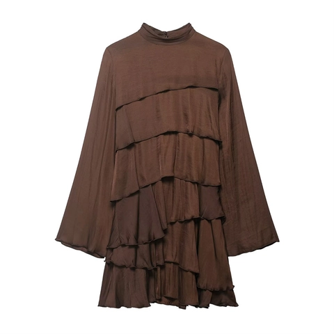Women Satin Mesh Tiered Ruffle Dress Mock Neck Long Sleeve Slim Fit Solid Color Elegant Niche Design Party Short Dress