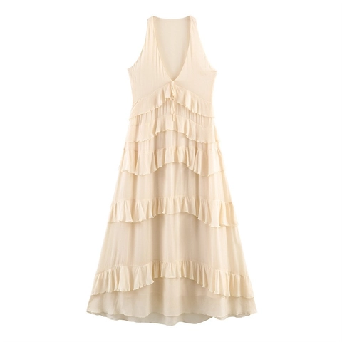 Sexy Tiefer V-Ausschnitt Halter Mehrlagiges Rüschen Chiffon Maxi Kleid Elegant Ärmellos Fließendes Abend Party Kleid Damen