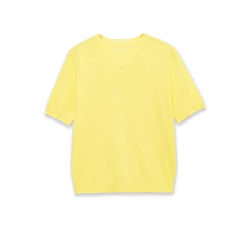 Women Casual V Neck Short Sleeve Knit Top Solid Yellow Ribbed Trim Polyester Sweater For Summer Daily Wear Elegant Pullover