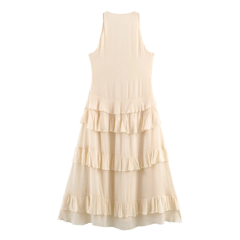 Sexy Tiefer V-Ausschnitt Halter Mehrlagiges Rüschen Chiffon Maxi Kleid Elegant Ärmellos Fließendes Abend Party Kleid Damen