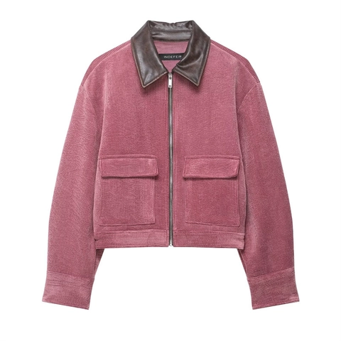 Women Vintage Corduroy Zip Up Jacket With Contrast Brown Faux Leather Collar Casual Short Loose Streetwear Outerwear Top