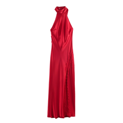 Women Sexy Red Satin Halter Neck Dress Elegant Lace Spliced Backless Cowl Neck Midi Evening Party Dress For Lady