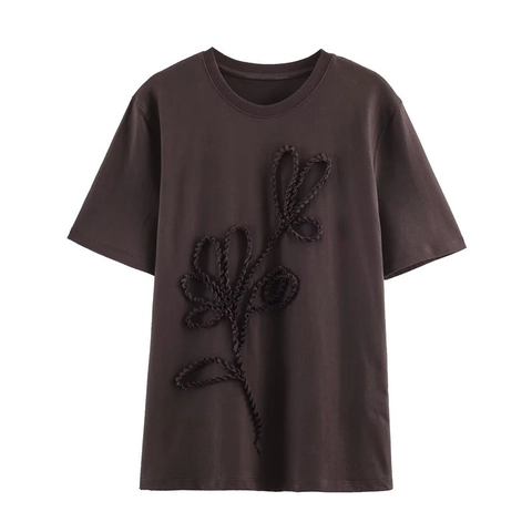 Women Fashion Dark Coffee T-Shirt Short Sleeve Round Neck 3D Ruffle Abstract Floral Loose Casual Polyester Top