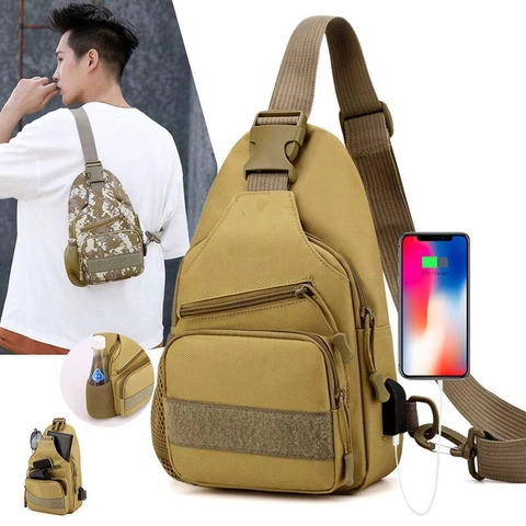 Men Outdoor Tactical Chest Bag Waterproof Oxford Fabric Camouflage Sling Bag With USB Charging Port Crossbody Bag For Men