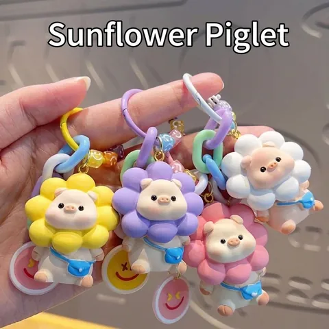 Simpatico Portachiavi Maialino Girasole Cartone Animato Ciondolo Animale In Resina Con Campanello E Cinturino In Pelle PU Intrecciata
