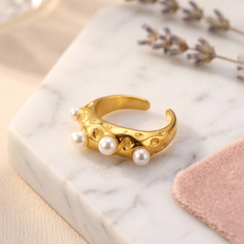 Vintage Stainless Steel Resizable Open Ring For Women Hammered Texture Artificial Pearl Inlaid Irregular Fashion Jewelry