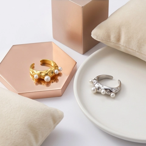 Vintage Stainless Steel Resizable Open Ring For Women Hammered Texture Artificial Pearl Inlaid Irregular Fashion Jewelry