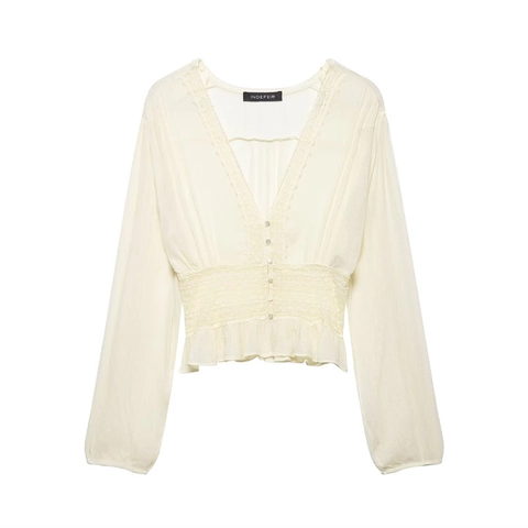 Women Vintage Lace V-Neck Long Sleeve Blouse Smocked Waist Ruffle Hem Button Down Solid Color Beige Chiffon Top Blouse