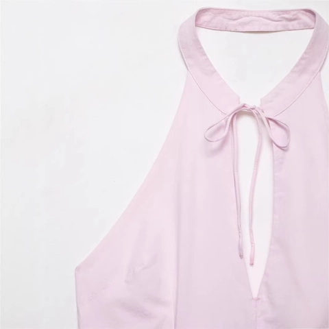 Vestido Mini para Mujer Cuello Halter con Cordones Escote en V Dobladillo de Burbuja Sin Mangas Color Sólido Rosa Streetwear Moda Verano