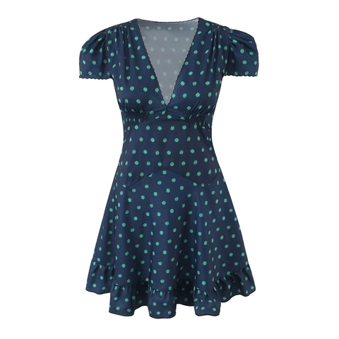 Robe Courte pour Femme avec Col en V Profond et Imprimé Fleuri Manches Bouffantes Bord Festonné Taille Haute Smockée Ourlet à Volants