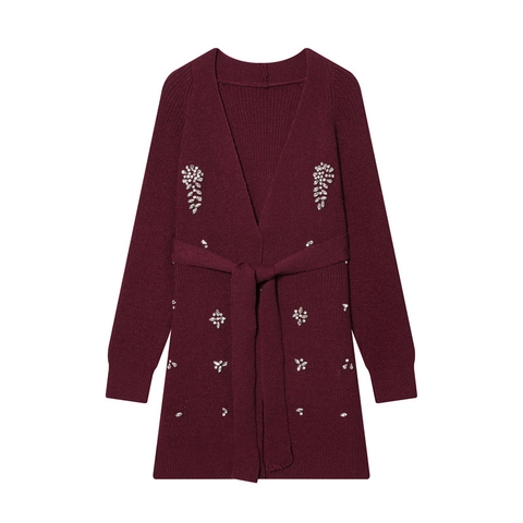 Dames Casual V-Hals Gebreid Vest Lange Mouwen Strass Bloem Decoratie Trui Met Taille Strik Riem Mode Bovenkleding