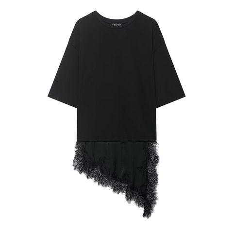 Damen Casual Kurzarm T-Shirt Mit Spitzen-Patchwork Asymmetrischer Saum Rundhals Locker Streetwear Mode Top Für Damen