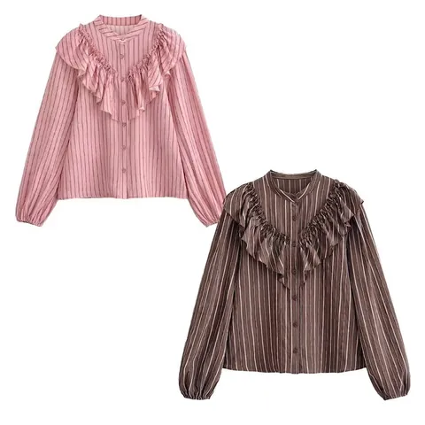 Camicetta a Maniche Lunghe a Righe Verticali Vintage da Donna Con Volant Collo Coreana Manica Lanterna Bottoni Camicia Casual