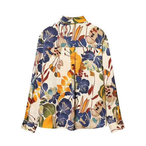 Women Vintage Floral Print Satin Shirt Turn-Down Collar Long Sleeve Loose Blouse Artistic Botanical Pattern Button Down Top