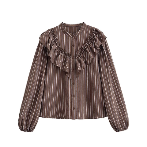 Camicetta a Maniche Lunghe a Righe Verticali Vintage da Donna Con Volant Collo Coreana Manica Lanterna Bottoni Camicia Casual