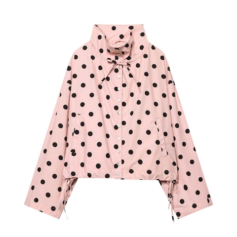 Dames Roze Zwart Stippen Jas Vintage Staande Kraag Trekkoord Zoom Casual Lange Mouw Polyester Knoopsluiting Jas