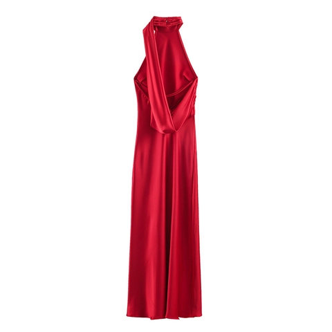 Women Sexy Red Satin Halter Neck Dress Elegant Lace Spliced Backless Cowl Neck Midi Evening Party Dress For Lady