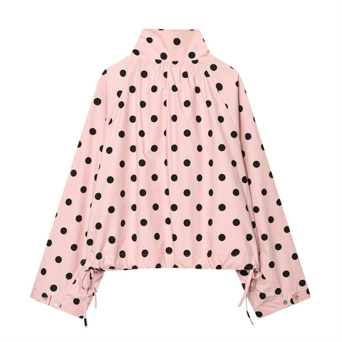 Dames Roze Zwart Stippen Jas Vintage Staande Kraag Trekkoord Zoom Casual Lange Mouw Polyester Knoopsluiting Jas