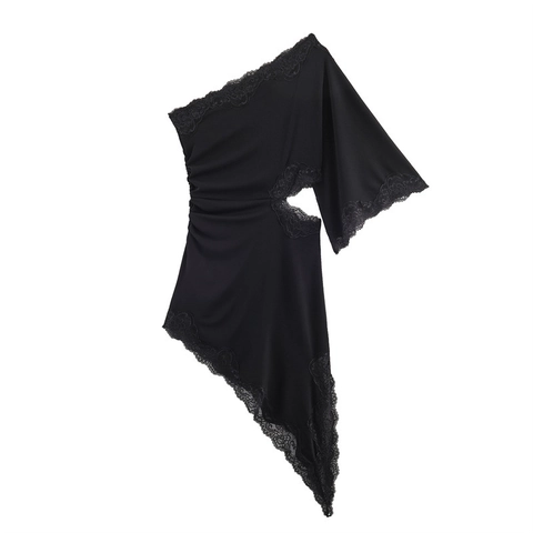 Women Sexy One Shoulder Black Lace Trim Cut Out Midi Dress Irregular Hem Ruched Knitted Bodycon Party Clubwear Dresses