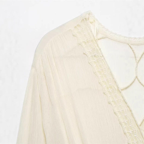Women Vintage Lace V-Neck Long Sleeve Blouse Smocked Waist Ruffle Hem Button Down Solid Color Beige Chiffon Top Blouse