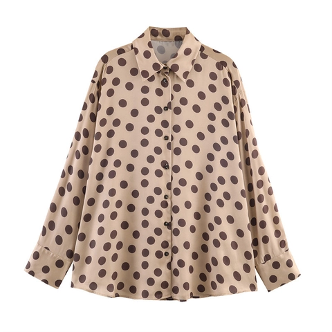 Vintage Women Polka Dot Satin Blouse Long Sleeve Lapel Button Up Loose Shirt Beige Brown Casual Elegant Office Top