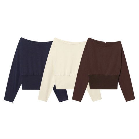 Sweat-shirt Décontracté pour Femmes Épaules Dénudées Mélange de Coton Manches Longues Ourlet Côtelé Taille Ajustée Top Uni