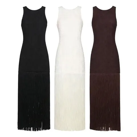 Vestido Sexy Ajustado Sin Mangas con Cuello Redondo y Borlas para Mujer Espalda al Aire Color Sólido para Fiesta Banquete