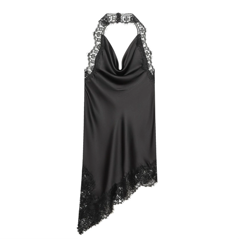 Women Halter Cowl Neck Satin Midi Dress Elegant Eyelash Lace Trim Asymmetrical Irregular Hem Sleeveless Slim Fit Dress