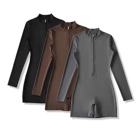 Pagliaccetto da Donna Slim Fit a Maniche Lunghe con Cerniera Anteriore in Poliestere Elastan Tuta Sportiva da Yoga Casual Intera