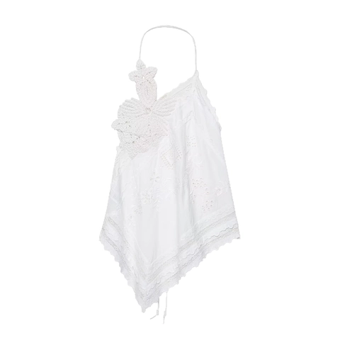 Top da Donna Bianco con Scollo all'Americana Fiori all'Uncinetto Ricamo Orlo Asimmetrico Senza Maniche Schiena Scoperta Stile Bohémien
