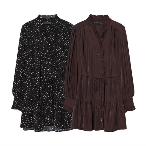 Elegant Ruffle Stand Collar Long Sleeve Midi Dress Drawstring Waist Polka Dot Solid Flowy Tiered Dress For Women