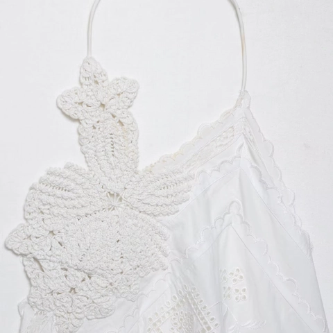 Top da Donna Bianco con Scollo all'Americana Fiori all'Uncinetto Ricamo Orlo Asimmetrico Senza Maniche Schiena Scoperta Stile Bohémien