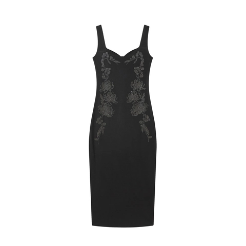 Abito Midi da Donna con Scollo a Cuore Strass Floreale Senza Maniche Elegante Tubino Festa Serale Nero Vestibilità Aderente Formale