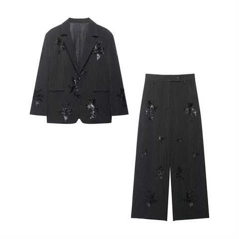 Women Elegant Black Pinstripe Blazer And Wide Leg Trousers Suit With Floral Sequin Applique Embroidery For Office Lady