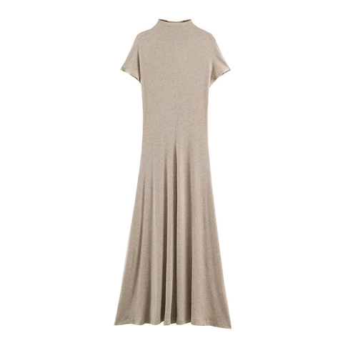 Abito Lungo da Donna Casual Collo Alto Manica Corta Minimalista Linea a Trapezio in Maglia di Poliestere Elastico Tinta Unita