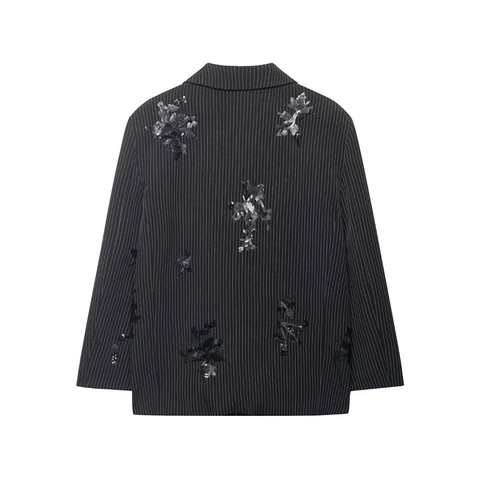 Women Elegant Black Pinstripe Blazer And Wide Leg Trousers Suit With Floral Sequin Applique Embroidery For Office Lady