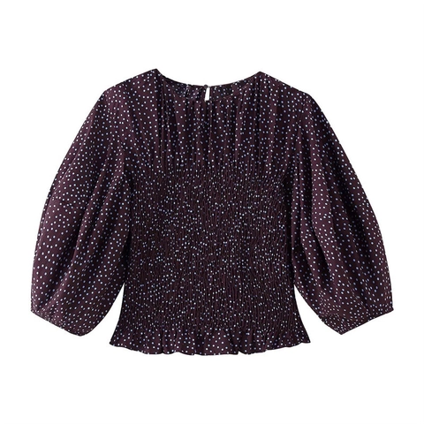 Elegante Blusa de Mota para Mujer Nido de Abeja Cuello Redondo Manga de Globo Púrpura Profundo Estilo Francés Vintage