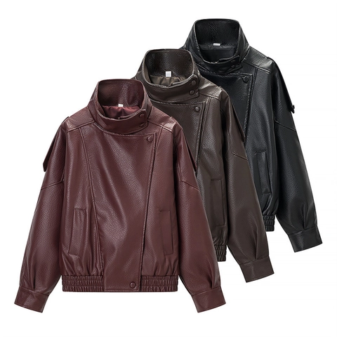 Women PU Leather Jacket Loose Stand Collar Asymmetric Button Streetwear Casual Long Sleeve Windproof Outerwear Coat