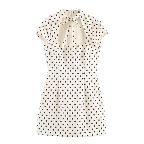 Abito Mini Sexy da Donna con Cut-out e Fiocco Stampa a Pois Manica a Cappuccio Aderente Retrò Festa Abito Corto