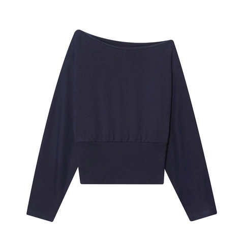 Sweat-shirt Décontracté pour Femmes Épaules Dénudées Mélange de Coton Manches Longues Ourlet Côtelé Taille Ajustée Top Uni