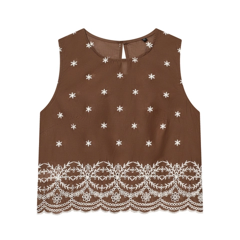 Conjunto De Falda Bohemio Bordado Para Mujer Top Marrón Sin Mangas Y Falda Midi De Encaje Festoneado Traje Informal