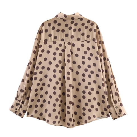 Vintage Women Polka Dot Satin Blouse Long Sleeve Lapel Button Up Loose Shirt Beige Brown Casual Elegant Office Top