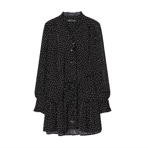 Elegant Ruffle Stand Collar Long Sleeve Midi Dress Drawstring Waist Polka Dot Solid Flowy Tiered Dress For Women