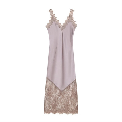 Abito Maxi in Raso Patchwork di Pizzo Elegante Francese Donna Senza Maniche Spalline Sottili Scollo a V Sexy Slim Abito da Sera