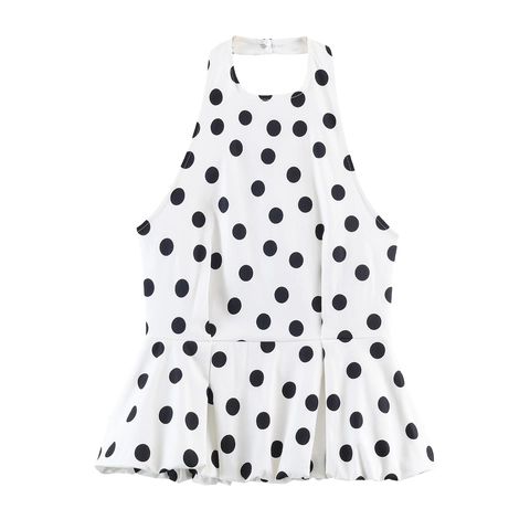 Damen Halter Neck Polka Dot Ballon Saum Top Ärmellos Schulterfrei Peplum Sommer Mode Polyester Lässig Slim Fit Bluse