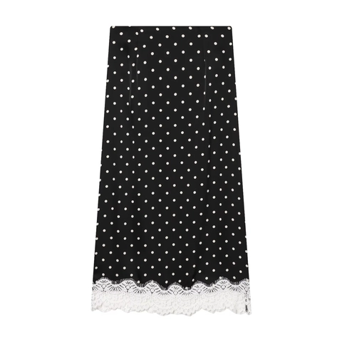 Women Vintage Polka Dot Midi Skirt With White Eyelash Lace Trim Hem Sexy Summer Streetwear Straight Skirt Side Zipper Top