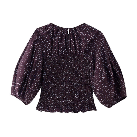 Elegante Blusa de Mota para Mujer Nido de Abeja Cuello Redondo Manga de Globo Púrpura Profundo Estilo Francés Vintage